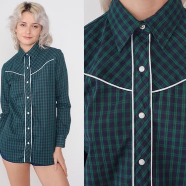 Plaid Western Shirt 70s Pearl Snap Shirt Button Up Rodeo Blouse Cowboy Long Sleeve Green Blue Checkered Print Retro Vintage 1970s Small S 