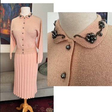 Lovely Dusty Rose Pink Vintage 1950s Two Piece Knit Set Dress by "Kimberly" Knitwear!-- Size Medium 