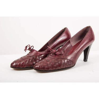 Vintage leather pumps / 1970s burgundy wine leather heeled oxford / Checkerboard woven leather shoes 8 9 