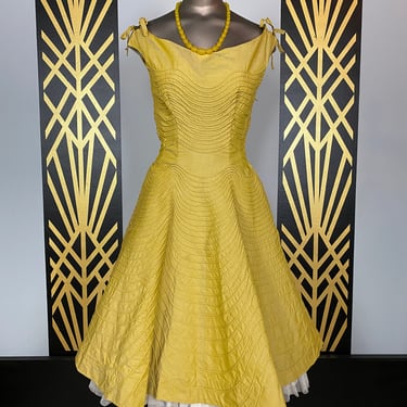 1950s yellow dress, fit and flare, Adele Simpson, vintage 50s dress, 25 waist, full skirt, designer, mrs maisel style, party dress, corded 