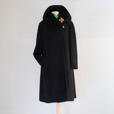 Dramatic 1950's Window Pane Black Forstmann Wool Cocoon Coat / ML