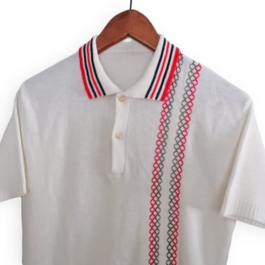 60s shirt / striped polo shirt / 1960s white striped collar acrylic fitted polo shirt Medium 