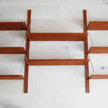 Scandinavian Modern Teak Wall Shelving System with Brass Wire Brackets 