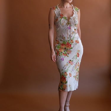 Vintage Y2K Silk Bias Cut Floral Slip Dress/ Size Small Medium 