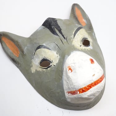 Antique Donkey Mardi Gras Carnival Mask, Paper Mache Hand Painted, Vintage Hand Made Masquerade Mask 