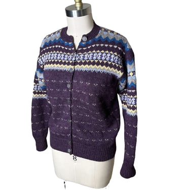 Vintage Britches of georgetowne  100% Wool Nordic snowflake Purple Cardigan Sweater, size m 