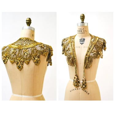 Vintage Gold Beaded Sequin Shawl Wrap Burlesque Wedding Flapper Gold Metallic Beaded Wrap Vintage Sharmark Las Vegas Wrap Collar Shawl 