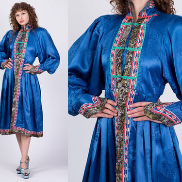 Victorian Style Bishop Sleeve Costume Coat - Small to Medium | Blue Satin Jacquard Frog Button Dress Jacket 
