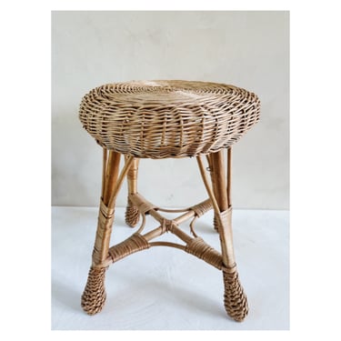 Vintage Rattan Petite French Style Accent Stool, Side Table, Bathroom Stool, Vintage Rustic Decor Stool, Antique Stool 