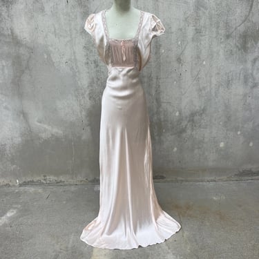 Vintage 1930s Pink Rayon Satin  Slip Dress Bias Cut Lace Ribbon  Full Length