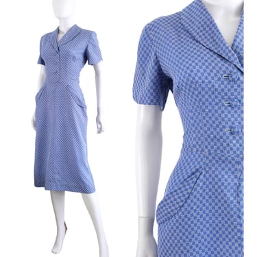 1950s Blue & White Pique Wiggle Shirtwaist Dress - 1950s Blue Dress - 50s Wiggle Dress - 50s Shirtwaist Dress - Dustbowl Dress | Size Small 