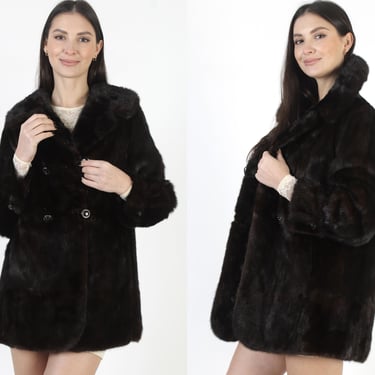 Womens Fur Back Collar Mink Coat, Vintage Mahogany Color Jacket, Double Breasted Real Princess Overcoat 