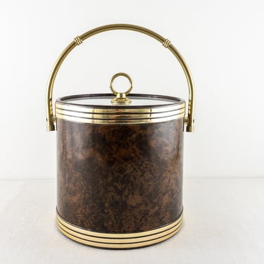 Vintage Ice Bucket with Lid and Handle, Brown and Gold Vinyl Insulated Ice Bin, Mid Century Barware 