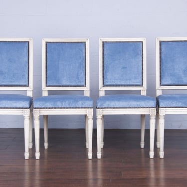 French Louis XVI Style Square Back Painted Dining Chairs W/ Blue Velvet - Set of 4 