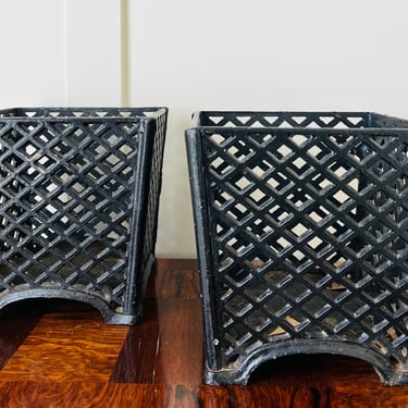 Antique French Cast Iron Lattice Planters, Pair