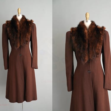 vintage 1940s Coat | Chocolate Brown Fur Collar Coat | Small Medium 