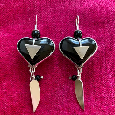 1990's Artisan-Made Earrings - Modernist Jeweler Heinz Brummel - Bauhaus Inspired - Sterling Silver with 3-Dimensional Onyx Hearts 