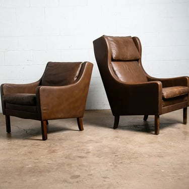 Mid Century Danish Modern Lounge Chairs Set Brown Leather Highback Lowback Pair