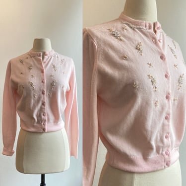 Vintage 50s Beaded Cardigan Sweater / PEARLS + Beads / Light PINK / Orlon Acrylic 