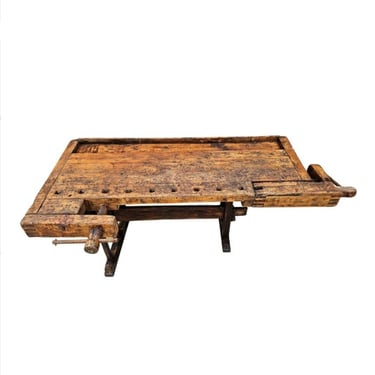Rustic Antique European Farmhouse Industrial Carpenters Workbench Table with Wooden Screw Vice Clamps 