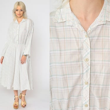 80s Plaid Shirt Dress Button Up Midi Dress White Tan Aqua Checkered Cotton Shirtdress High Waist Long Sleeve Vintage 1980s Medium Large 