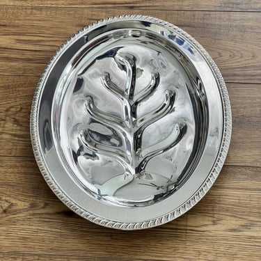 Silverplate Meat Serving Platter - Vintage Viking EP Rope Edge Footed Tray with Tree of Life Drip Catcher - 16”x12” Wedding & Holiday Gift 
