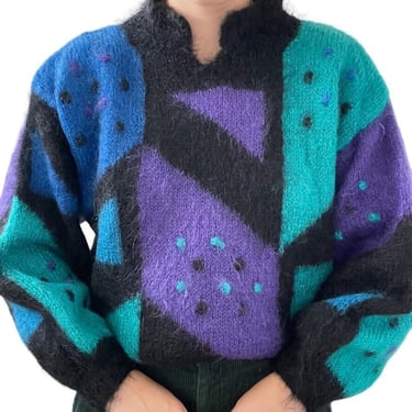 Vintage Elaine Newman Mohair Fluffy Hand Knit Geometric Sweater Made in England 