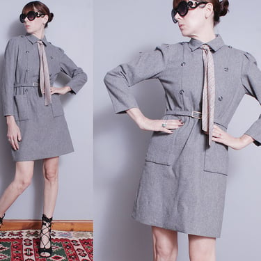 Vintage 1960's | Gray | Mid Century | MCM | Wool | Mod | Mini | Dress | M 