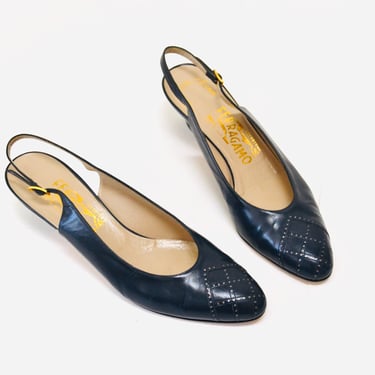 Vintage Salvatore Ferragamo Navy Blue Low High Heels Shoes 8 1/2 AAA Navy Blue Leather Sling Back High Heel Vintage Ferragamos Made in Italy 