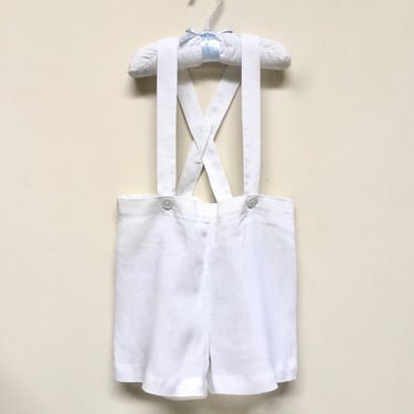 Vintage 1950s White Linen Suspender Shorts, Unisex Mid-Century Child's Clothing, Wedding Party Ring Bearer, Baptismal Outfit, 27" Waist, VFG 