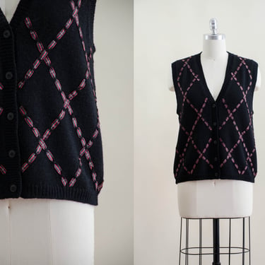 Pendleton black wool sweater vest | 80s 90s vintage Christmas plaid ribbon embroidered cable knit sleeveless sweater 
