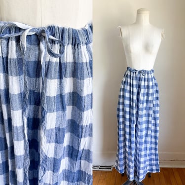 Vintage 1980s Blue Gingham Cotton Gauze Maxi Skirt / 34" waist or smaller 