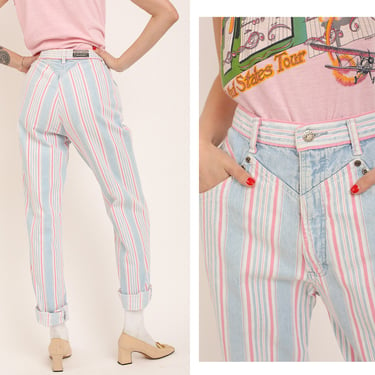 Vintage 1980s 80s Baby Pink Blue Striped Candy Cane High Waisted Slim Fit Denim Jeans Pants Trousers 