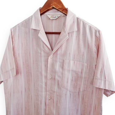 70s button up / pink short sleeve / 1970s knit striped muted pink short sleeve button up shirt Medium 