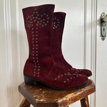 Vintage 60s Oxblood Red Studded Suede Boots Size 8 by TimeBa