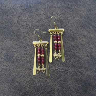 Red stone chandelier earrings, gold 