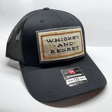 Black trucker / baseball snap back hat with ‘Whiskey and Regret’ western lettering hand-stitched patch - vintage style 