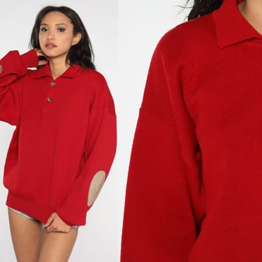 Red Knit Sweater WOOL Collared Sweater Elbow Patches 80s Polo Hipster Vintage Collar Button Up Retro 1980s Knitwear Normcore Large L 