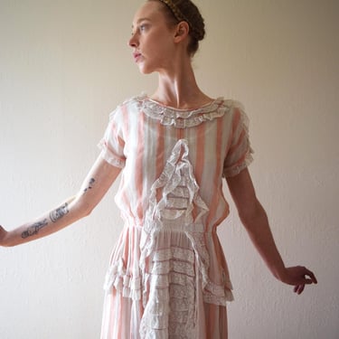 1910s 1920s antique pink striped dress . vintage lace dress . size xxs to small 