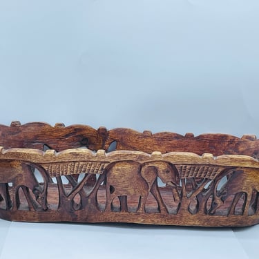 Vintage Carved Elephant Wood Composite- Storage Bin Tray with handle Carved Elephant and Native African  Design 17