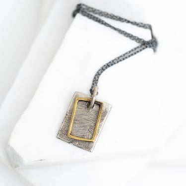 Textured Sterling Silver and Brass Open Rectangle Pendant Necklace