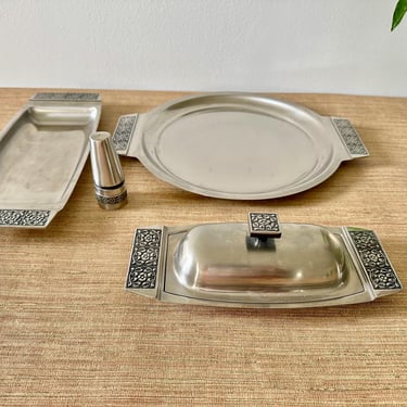 Vintage Stanley Roberts Velvet Stainless Steel Serving Set - Round and Long Trays Butter Dish & Salt Shaker 