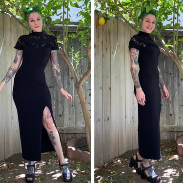 Vintage 1990’s Tight Black Dress with Lace Collar Detail 