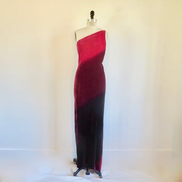 1990's Magenta Burgundy Ombre Velvet Bias Cut Long One Shoulder Evening Dress British Sara Sturgeon Designer Made in England Size Large 