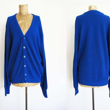 Vintage 80s Bright Blue Cardigan L - Grandpa Grunge Cardigan - Unisex Gender Neutral Clothes - Cobalt Preppy Academia 