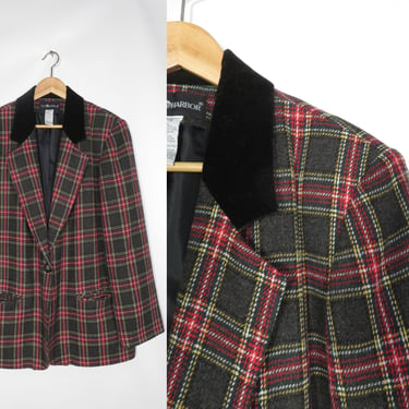 Vintage 90s Plus Size Gray Holiday Plaid Wool Blend Velvet Collar One Button Blazer Size 18 XL 