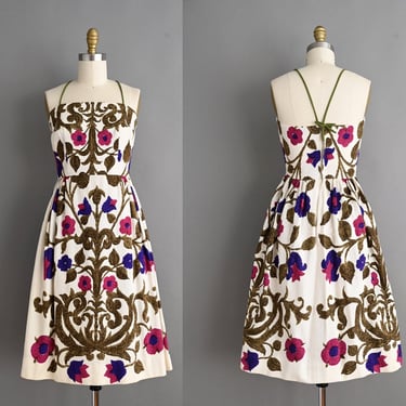 vintage 1950s Dress | Vintage Floral Print Mr. Sherman textured Cotton Summer Cocktail Dress | Small 