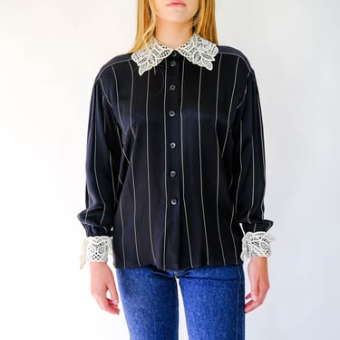 Vintage 80s Escada Black & White Pinstripe Silk French Cuff Blouse w/ Lace Accents | 100% Silk | Made in W. Germany | 1980s Designer Shirt 