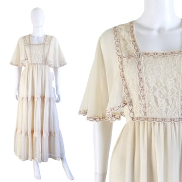 1970s Renaissance Revival Ivory White Gunne Sax Style Dress - 70s Ethereal Dress - 70s Ivory White Dress - 70s Boho Wedding Dress | Size Med 