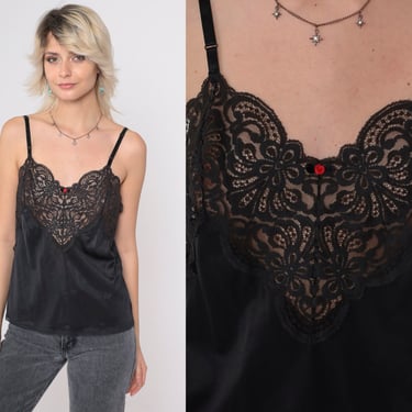 Vintage Black Cami Top Lace Lingerie Top Camisole Tank Top 80s Red Rosette Cami Top V Neck Gothic Boho Romantic Bohemian 1980s Small S 